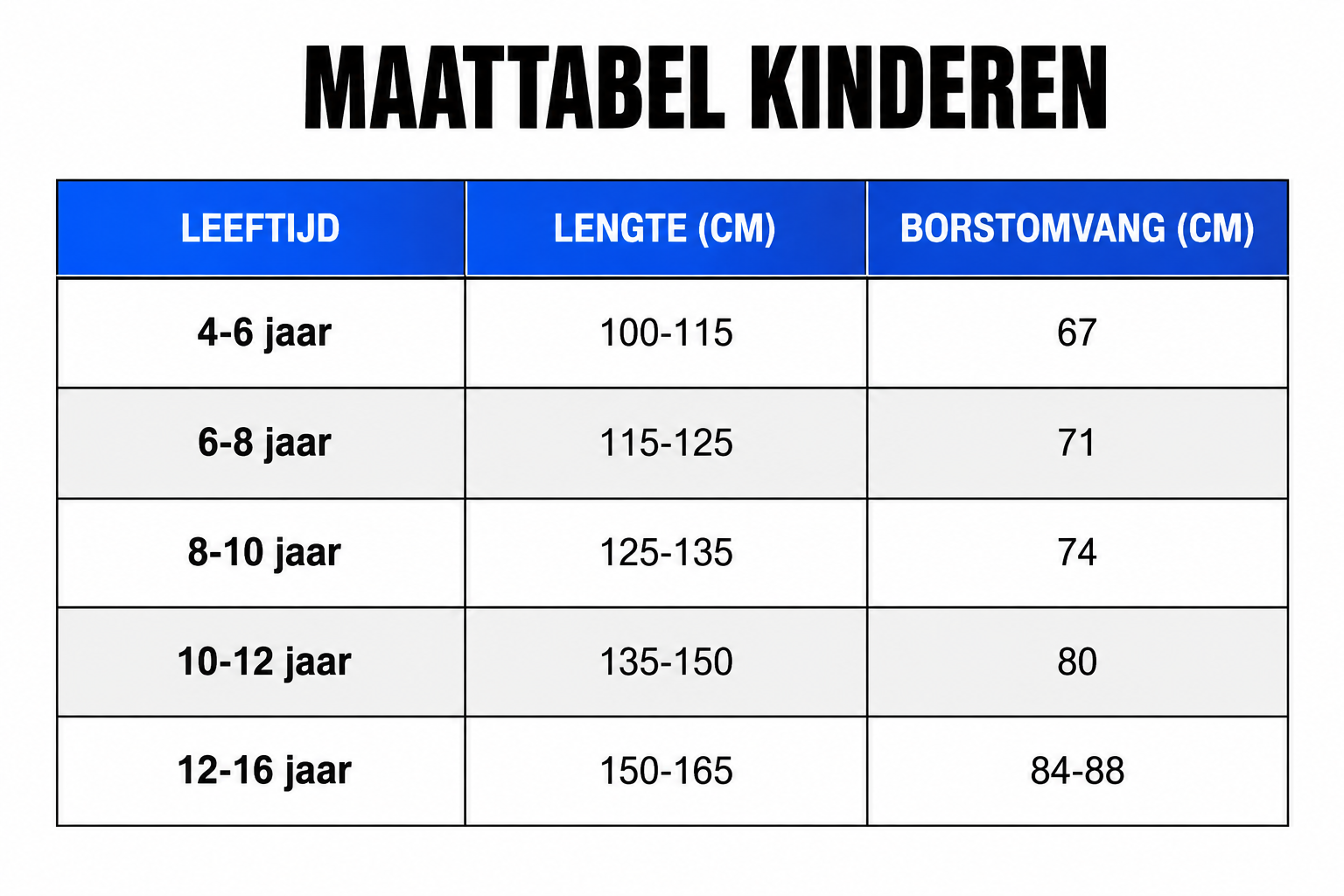 Maattabel adultes
