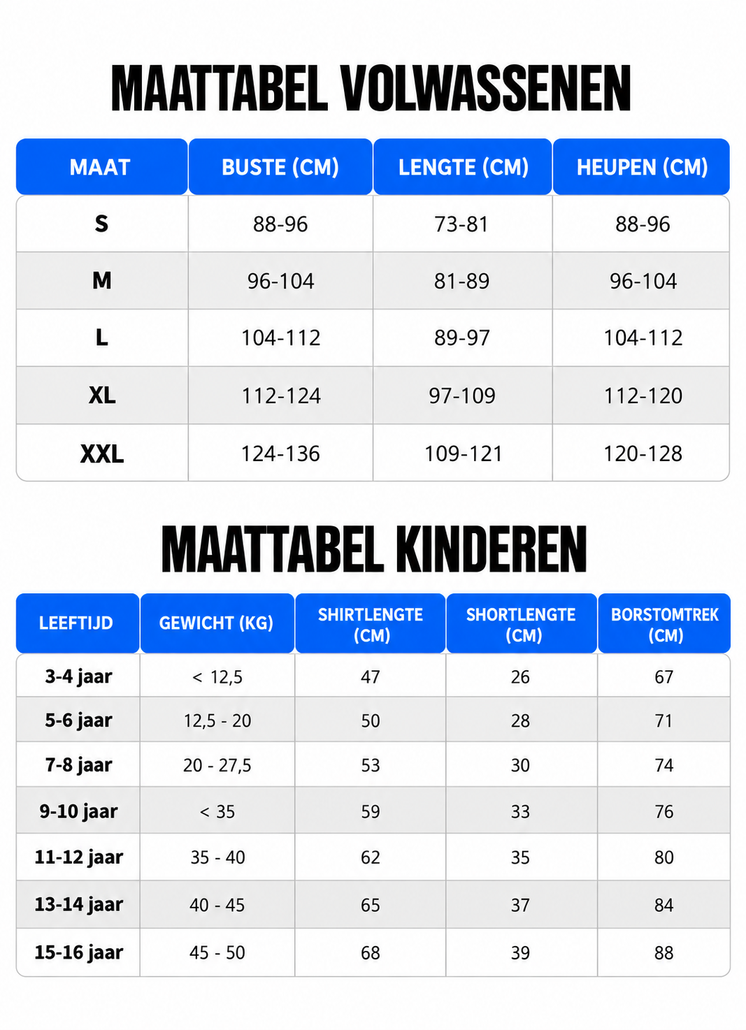 Maattabel volwassenen en kinderen